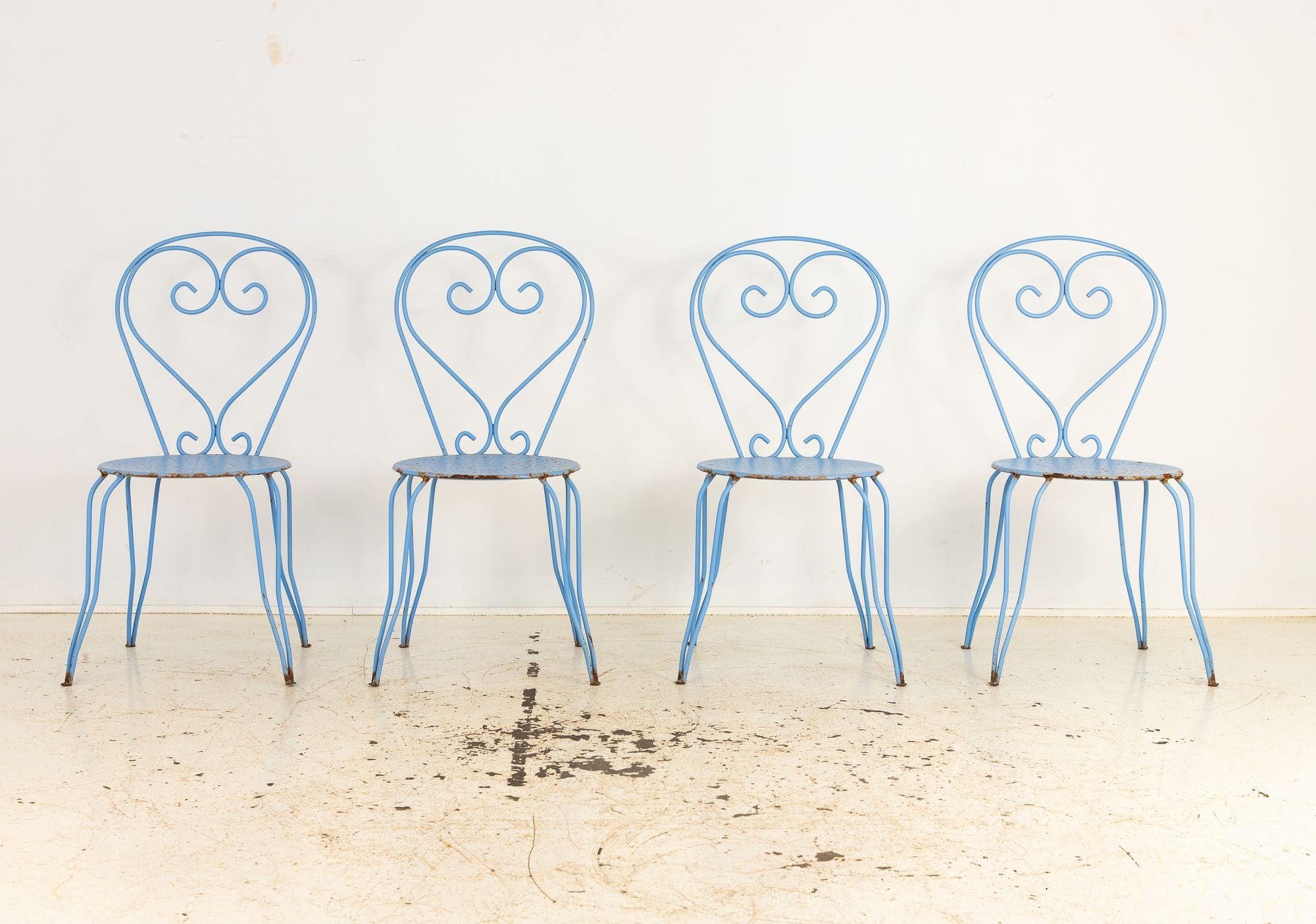 Blue Paint French Pierced Seat & Heart Garden Dining Chairs, Set of 4 Mid 20th C.