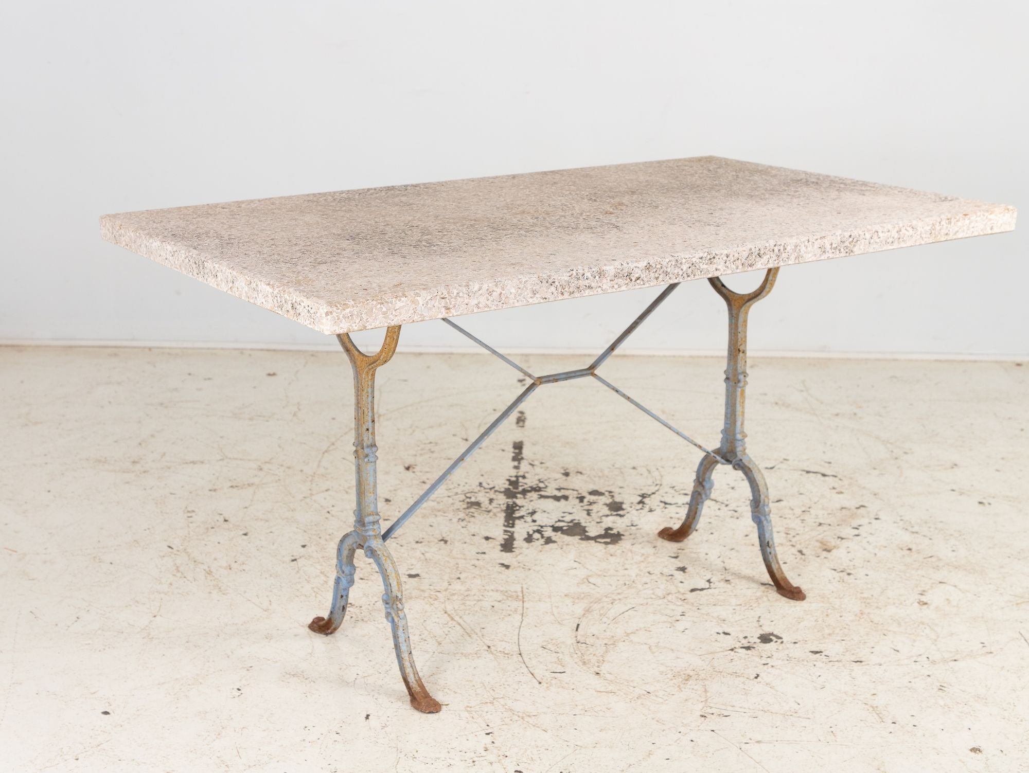 Stone Topped Dining Table with Blue Trestle Iron Base, France mid 20th c