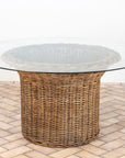 Vintage Round Wicker and Glass Side Table, France 1960s