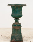 French Neoclassical Style Green Cast Iron Urn on Stand, Mid 20th C.