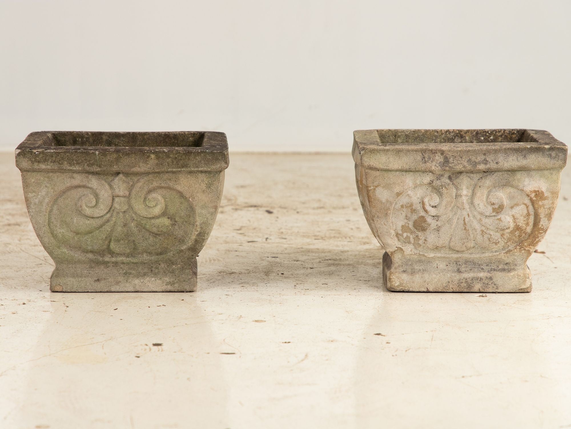 planter boxes stone Pair Square Concrete Stone Planters with Shell Pattern, France mid 20t –  Modern Antiquarian