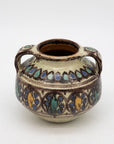 Brown, Blue, and Yellow Two Handled Vase