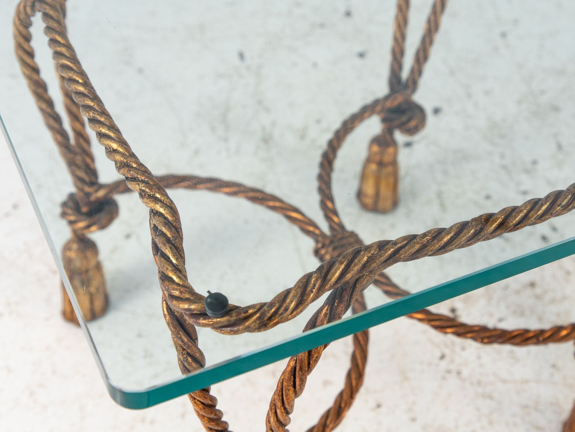 Pair Gilded Hollywood Regency Metal Rope & Tassel Side Tables, 1970s, France