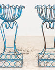 Pair of Blue Painted Iron Pedestal and Basket Planters, 1960s France