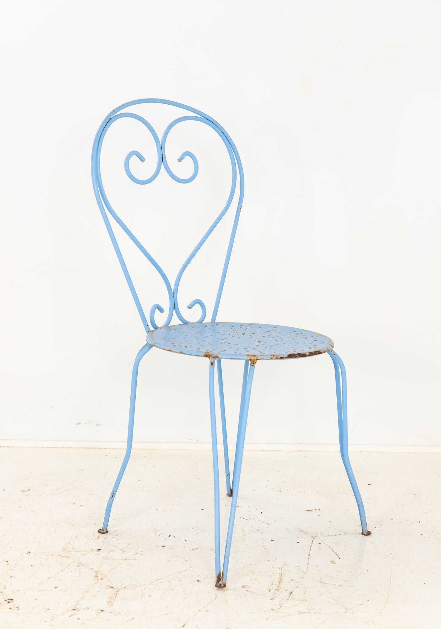 Blue Paint French Pierced Seat & Heart Garden Dining Chairs, Set of 4 Mid 20th C.