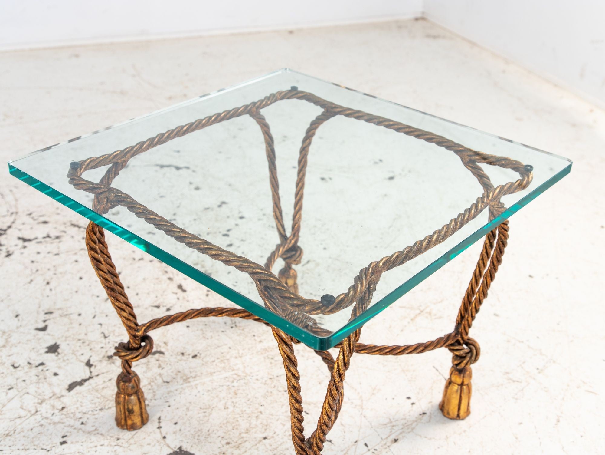Pair Gilded Hollywood Regency Metal Rope & Tassel Side Tables, 1970s, France