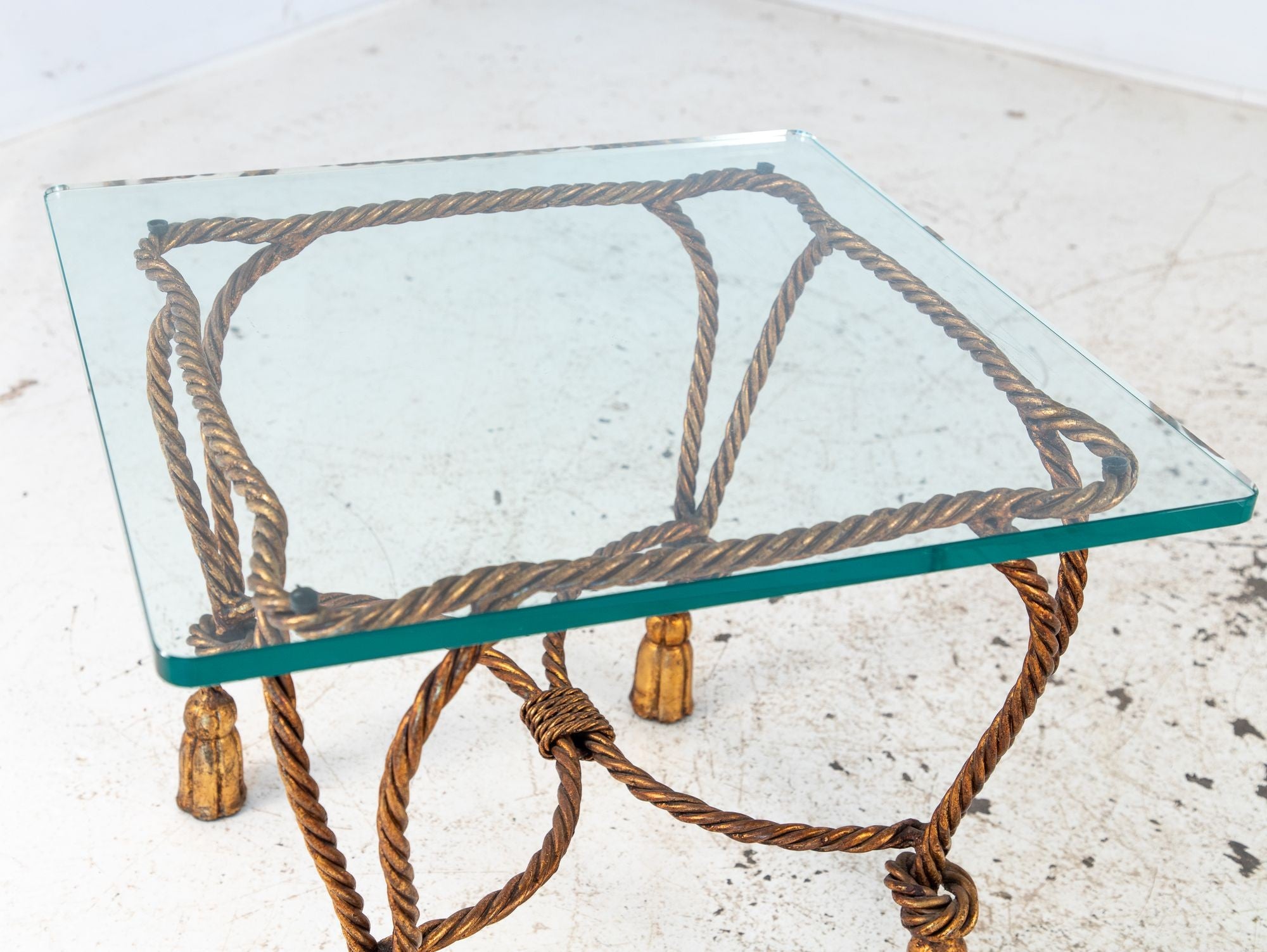 Pair Gilded Hollywood Regency Metal Rope & Tassel Side Tables, 1970s, France