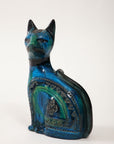 Ceramic Cat by Aldo Londi for Bitossi in 'Rimini blue' with incised decoration Italy. Circa 1960