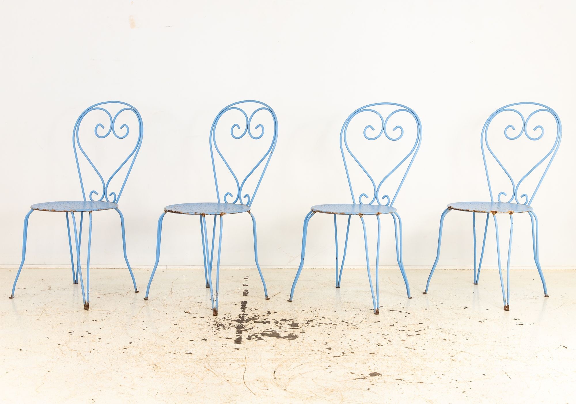 Blue Paint French Pierced Seat & Heart Garden Dining Chairs, Set of 4 Mid 20th C.