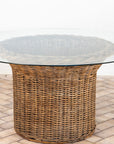 Vintage Round Wicker and Glass Side Table, France 1960s