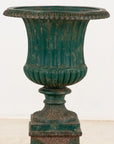 French Neoclassical Style Green Cast Iron Urn on Stand, Mid 20th C.