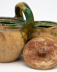 Green Glazed Shepherd's Lunch Holder with Bowls and Handle , France 19th C.