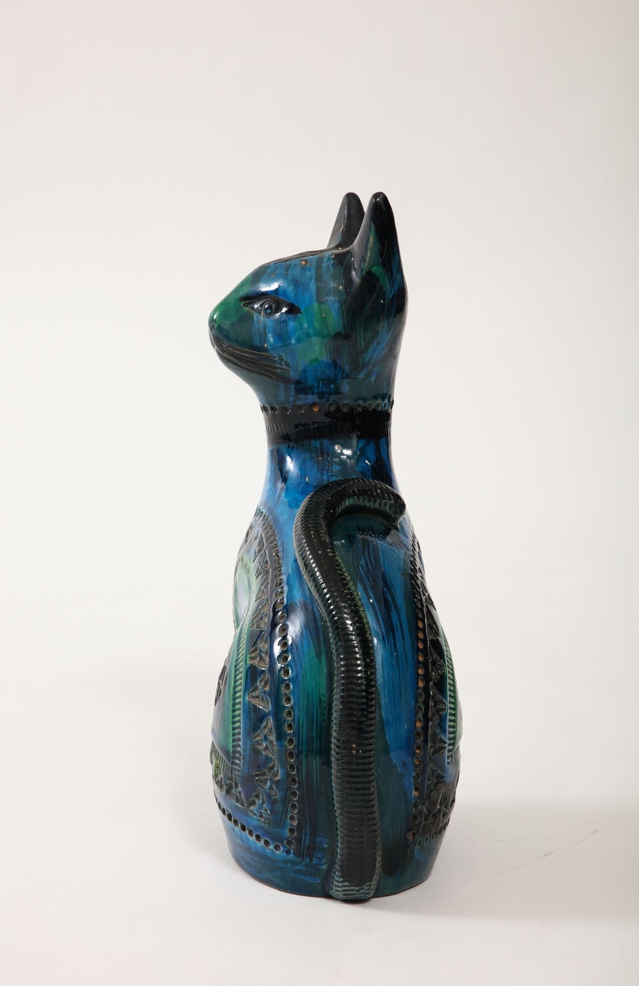 Ceramic Cat by Aldo Londi for Bitossi in 'Rimini blue' with