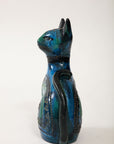 Ceramic Cat by Aldo Londi for Bitossi in 'Rimini blue' with incised decoration Italy. Circa 1960