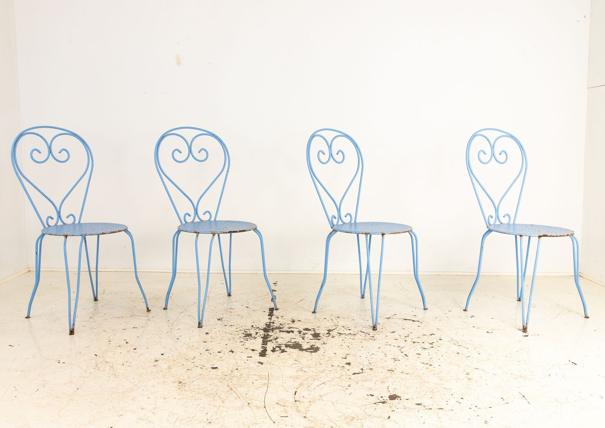 Blue Paint French Pierced Seat & Heart Garden Dining Chairs, Set of 4 Mid 20th C.