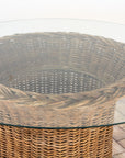 Vintage Round Wicker and Glass Side Table, France 1960s