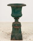 French Neoclassical Style Green Cast Iron Urn on Stand, Mid 20th C.