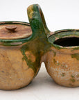 Green Glazed Shepherd's Lunch Holder with Bowls and Handle , France 19th C.