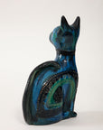 Ceramic Cat by Aldo Londi for Bitossi in 'Rimini blue' with incised decoration Italy. Circa 1960