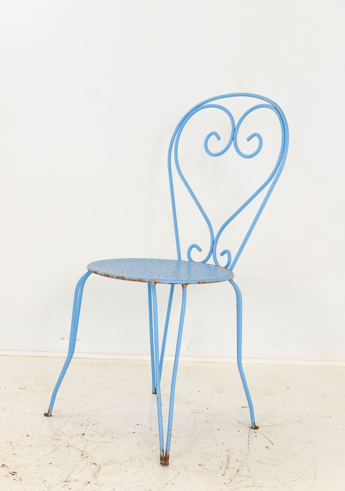 Blue Paint French Pierced Seat & Heart Garden Dining Chairs, Set of 4 Mid 20th C.