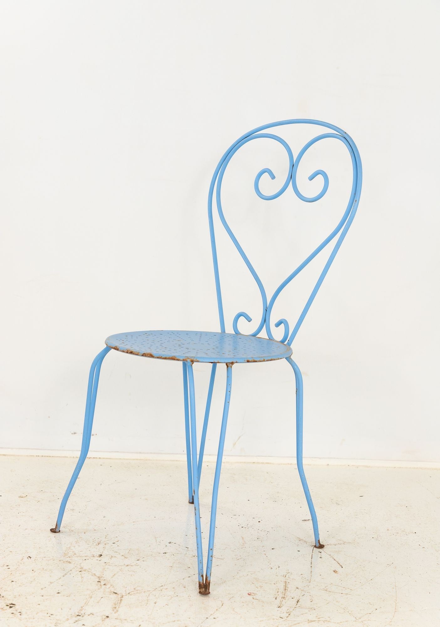 Blue Paint French Pierced Seat & Heart Garden Dining Chairs, Set of 4 Mid 20th C.