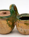 Green Glazed Shepherd's Lunch Holder with Bowls and Handle , France 19th C.
