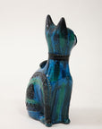 Ceramic Cat by Aldo Londi for Bitossi in 'Rimini blue' with incised decoration Italy. Circa 1960