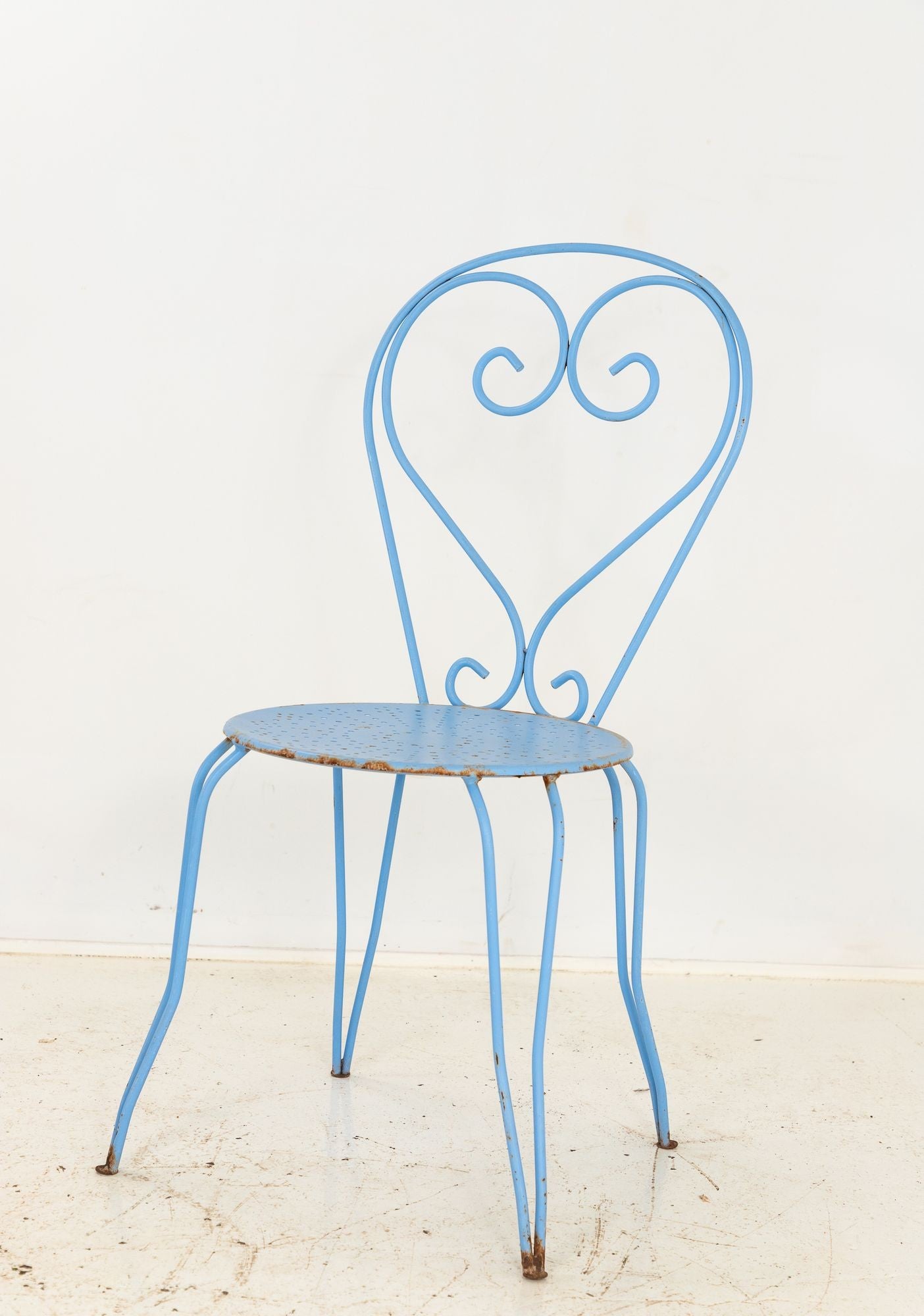 Blue Paint French Pierced Seat & Heart Garden Dining Chairs, Set of 4 Mid 20th C.
