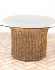 Vintage Round Wicker and Glass Side Table, France 1960s