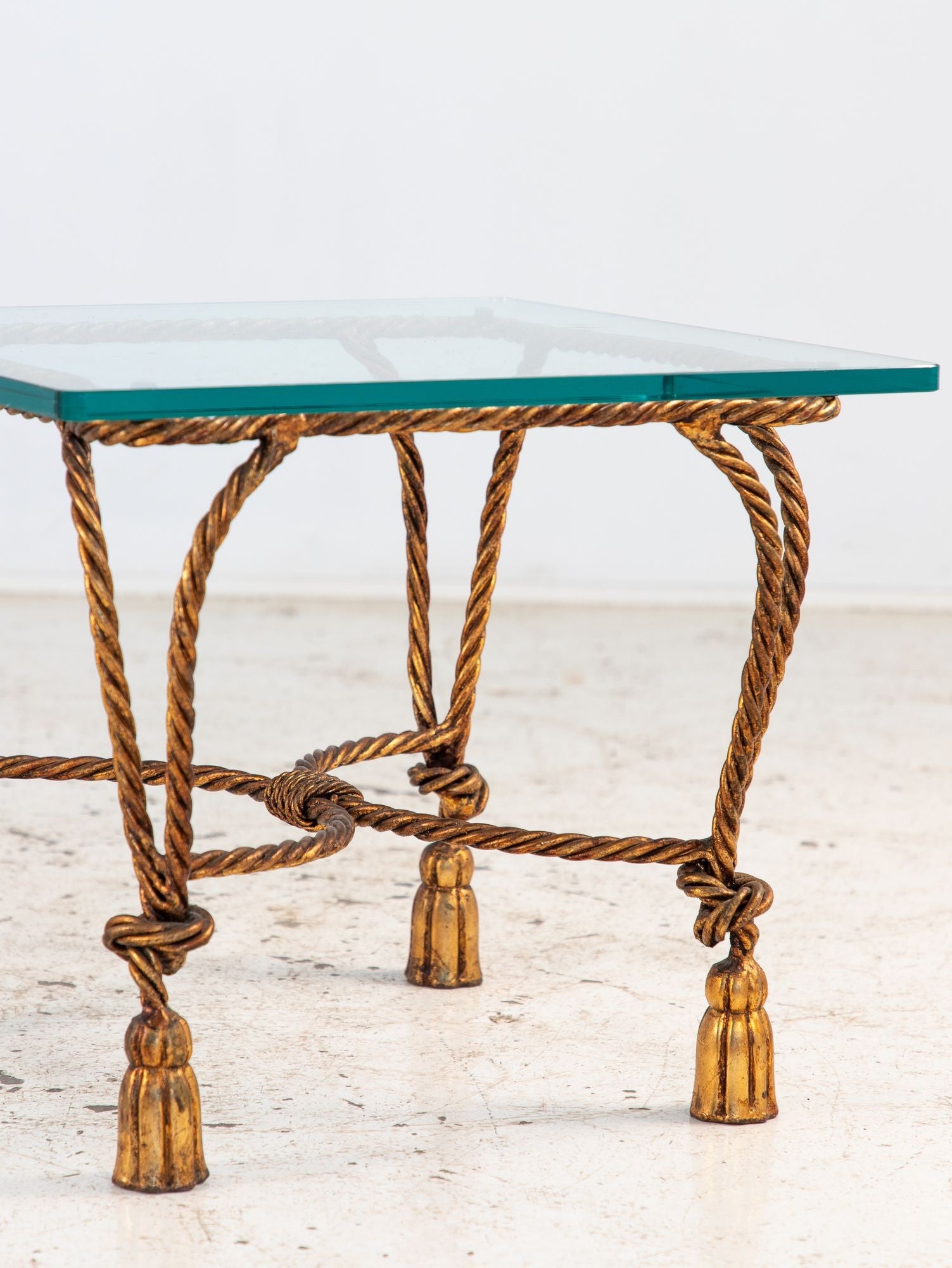 Pair Gilded Hollywood Regency Metal Rope & Tassel Side Tables, 1970s, France