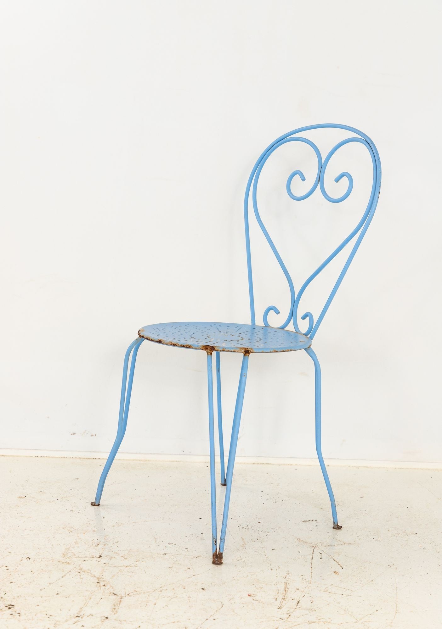 Blue Paint French Pierced Seat & Heart Garden Dining Chairs, Set of 4 Mid 20th C.