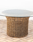 Vintage Round Wicker and Glass Side Table, France 1960s