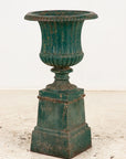 French Neoclassical Style Green Cast Iron Urn on Stand, Mid 20th C.