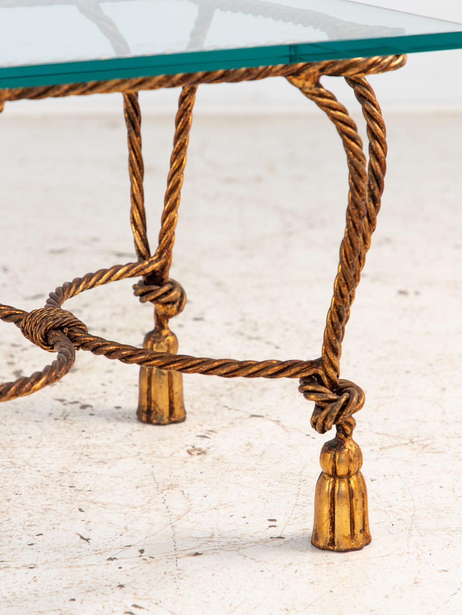 Pair Gilded Hollywood Regency Metal Rope & Tassel Side Tables, 1970s, France