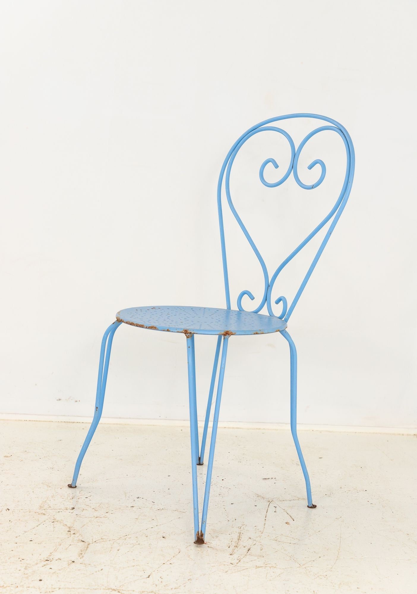Blue Paint French Pierced Seat & Heart Garden Dining Chairs, Set of 4 Mid 20th C.