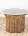 Vintage Round Wicker and Glass Side Table, France 1960s