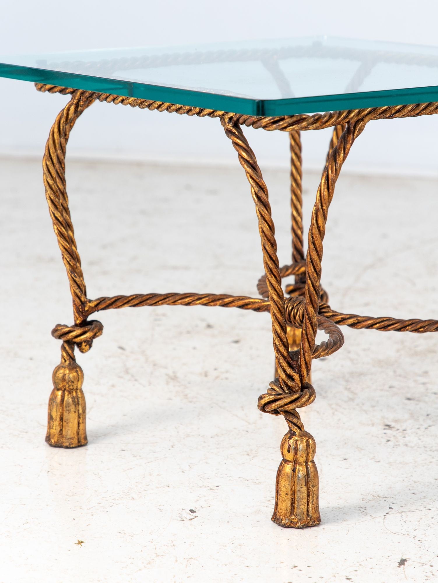 Pair Gilded Hollywood Regency Metal Rope & Tassel Side Tables, 1970s, France