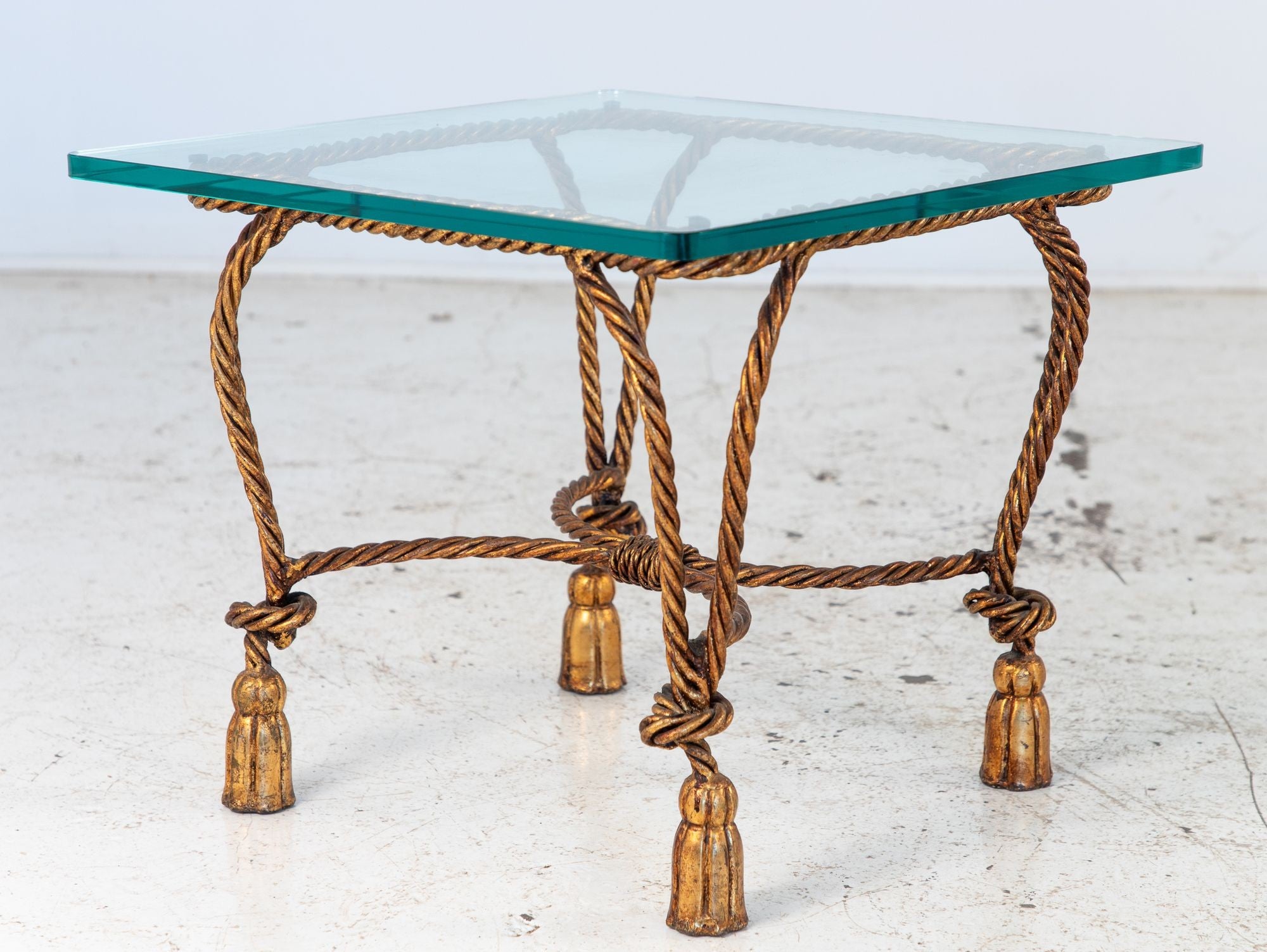Pair Gilded Hollywood Regency Metal Rope & Tassel Side Tables, 1970s, France