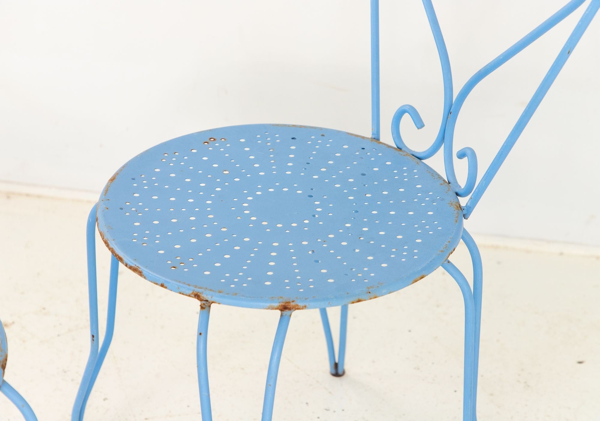 Blue Paint French Pierced Seat & Heart Garden Dining Chairs, Set of 4 Mid 20th C.