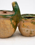 Green Glazed Shepherd's Lunch Holder with Bowls and Handle , France 19th C.