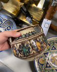 Brown, Blue, and Yellow Two Handled Vase