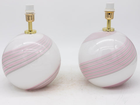 Pair of White, Pink, and Gray Swirl Murano Glass Lamps, Italy 2010s