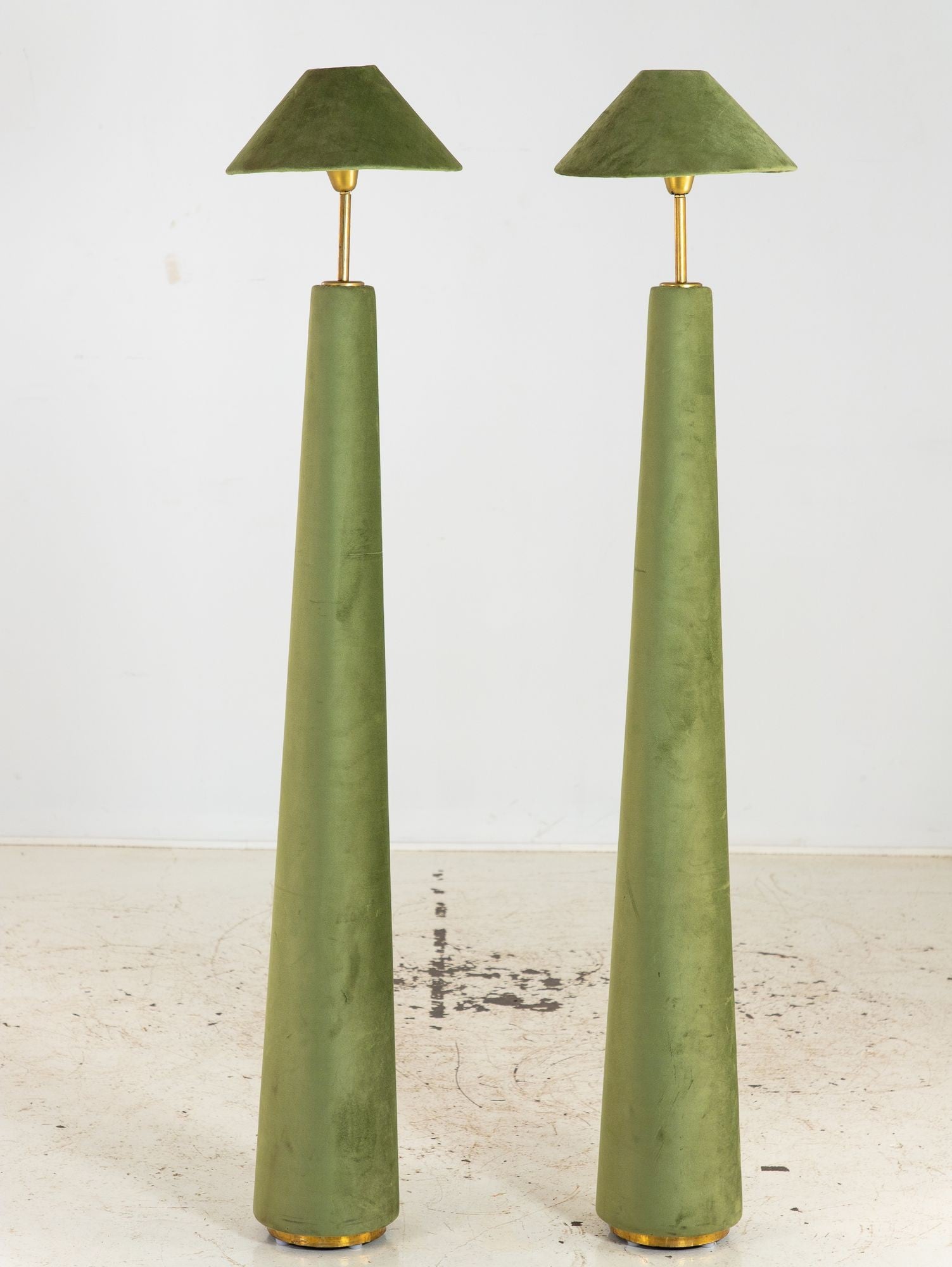 Pair of Moss Green Velvet Floor Lamps, French Late 20th C.