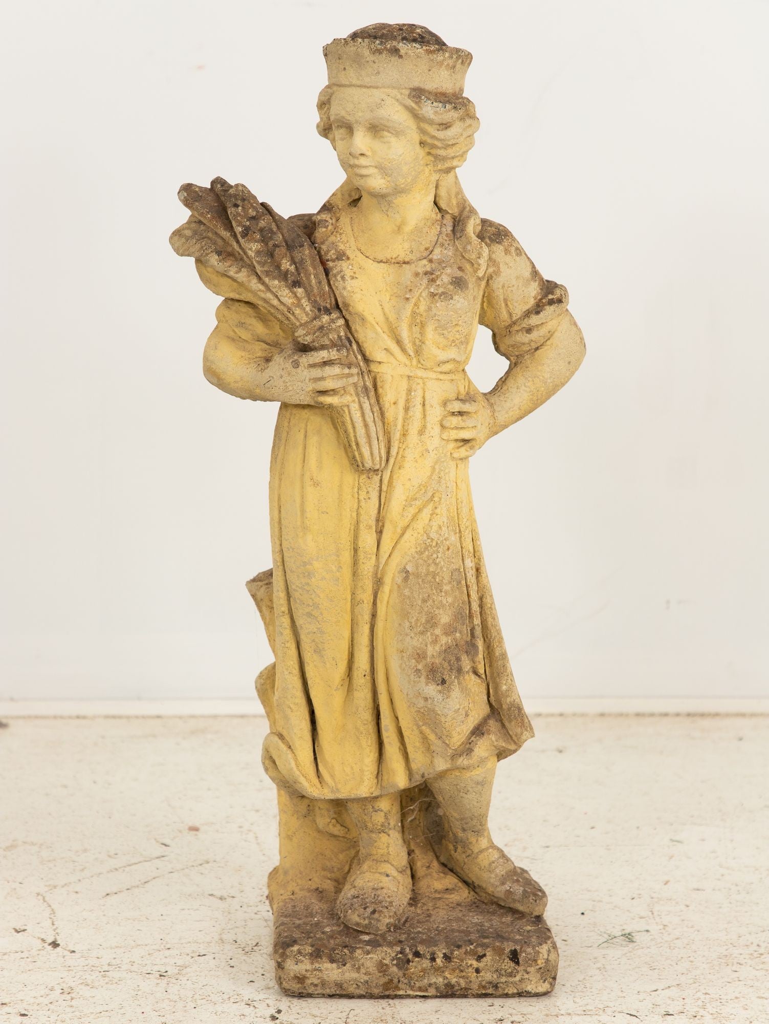 Woman Holding Sheaf of Wheat, Concrete Garden Ornament, England Mid 20th Century