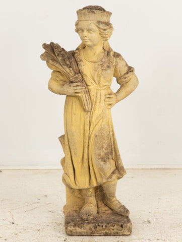 Woman Holding Sheaf of Wheat, Concrete Garden Ornament, England Mid 20th Century