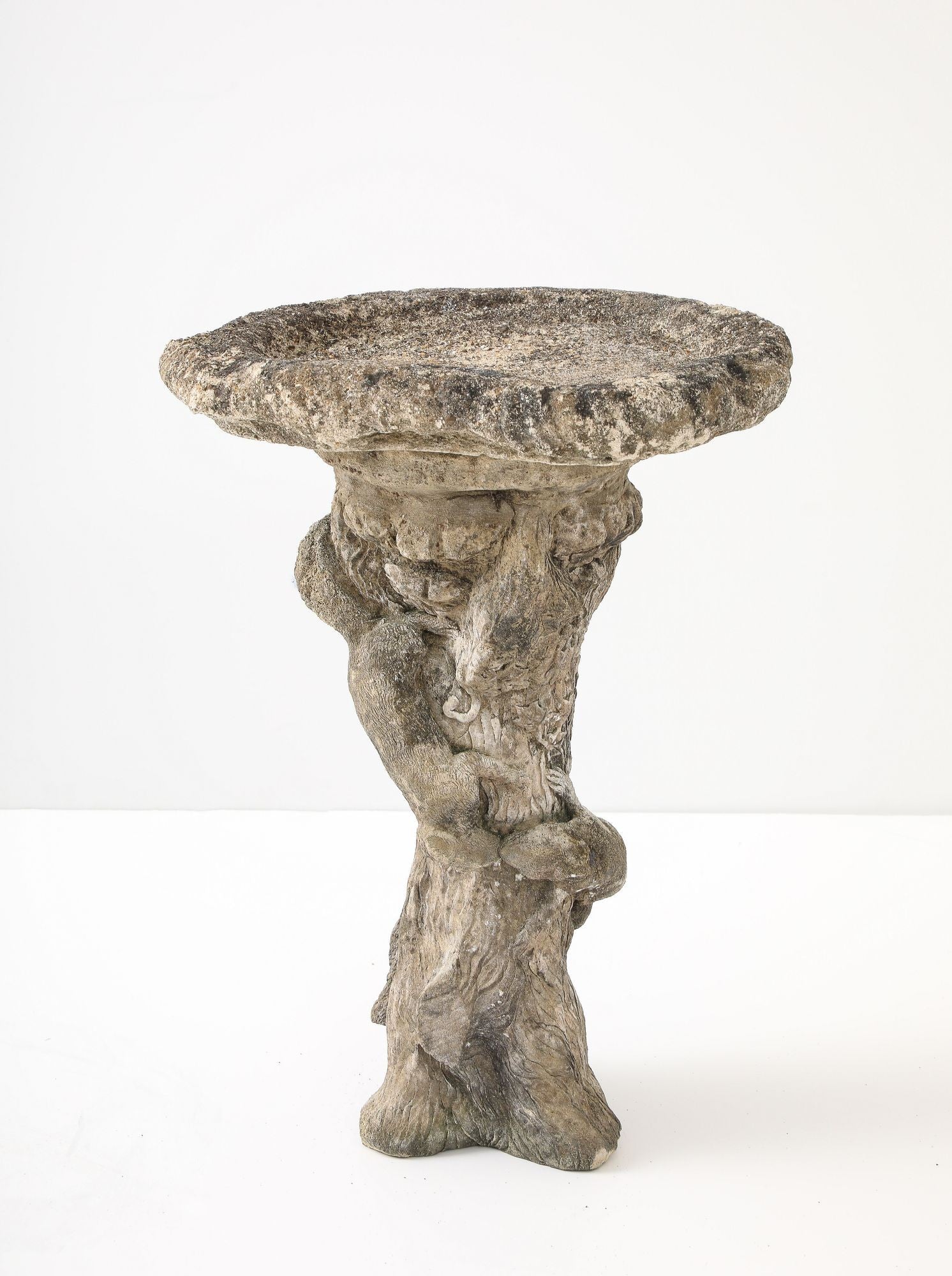 Composite Stone Faux Bois Birdbath with Squirrels Garden Ornament, English 20th C.