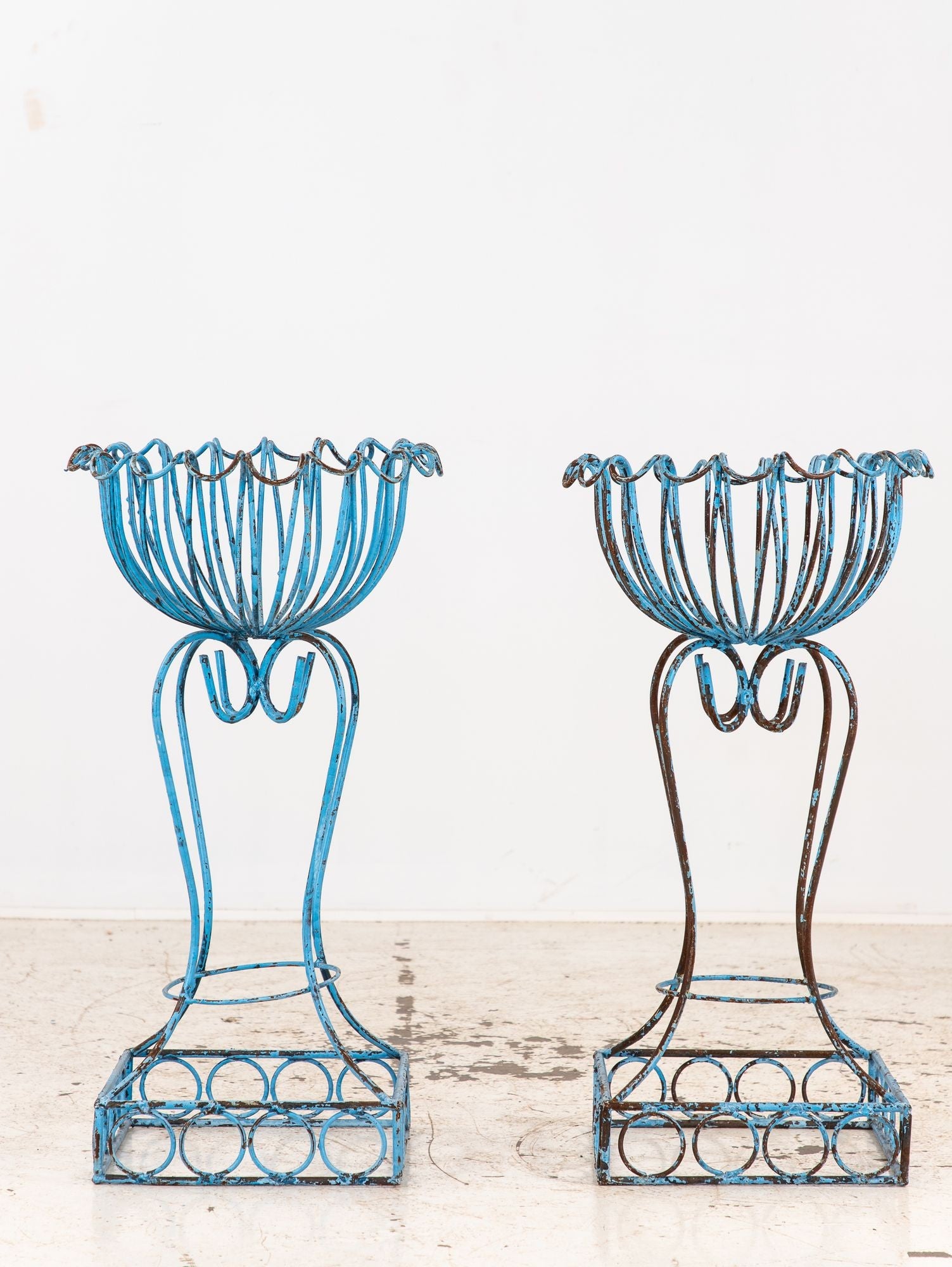 Pair of Blue Painted Iron Pedestal and Basket Planters, 1960s France