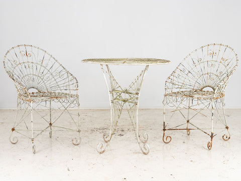 Victorian Style White Wirework Pair of Chairs and Cafe Table, France 1960
