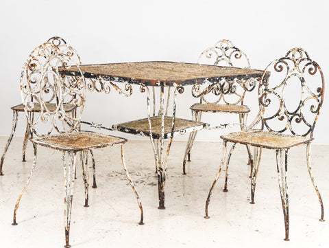 White Scrollwork Garden Dining Table and Four Chairs, France 1940s