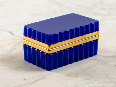 Vintage Blue Opaline Scalloped Glass Box with Brass Mounts, France 20th C.